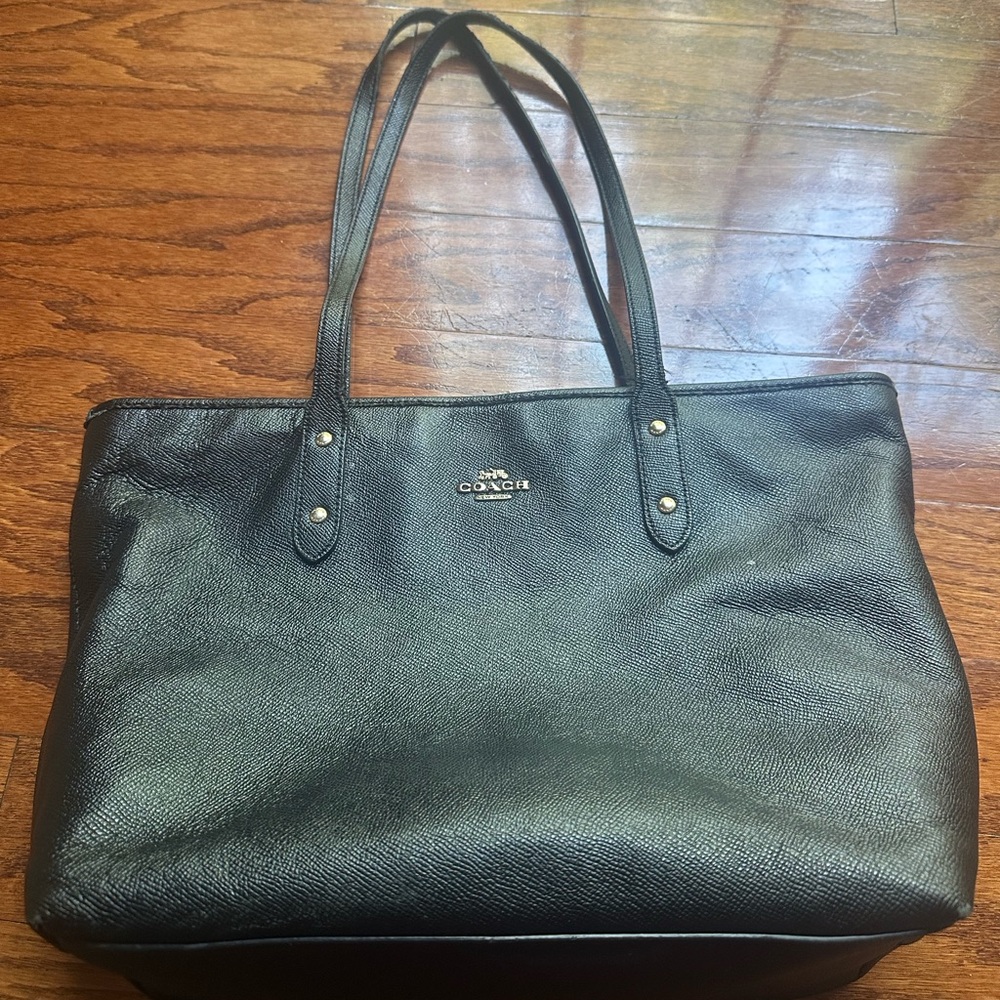 Coach Black Leather Tote with Gold Logo Hardware